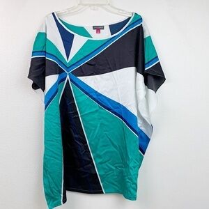 Vince Camuto silky satin modern color block kaftan relaxed tunic blouse EUC